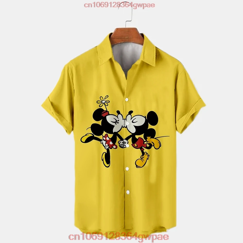 Disney Hawaiian Shirt 2023 Summer New Cartoon Mickey Print Shirt Cute Disney Anime Shirt Men\'s Short-sleeved Casual Lapel Top