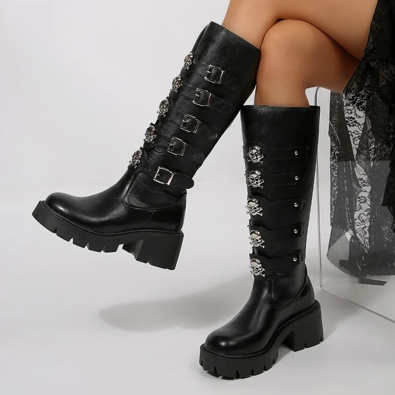 Big Size  Winter Punk Style Plus Motorcycle Boot Metal Decoration Knight Boots Belt Buckle Thick Sole Mid Heel Long Tube Boots