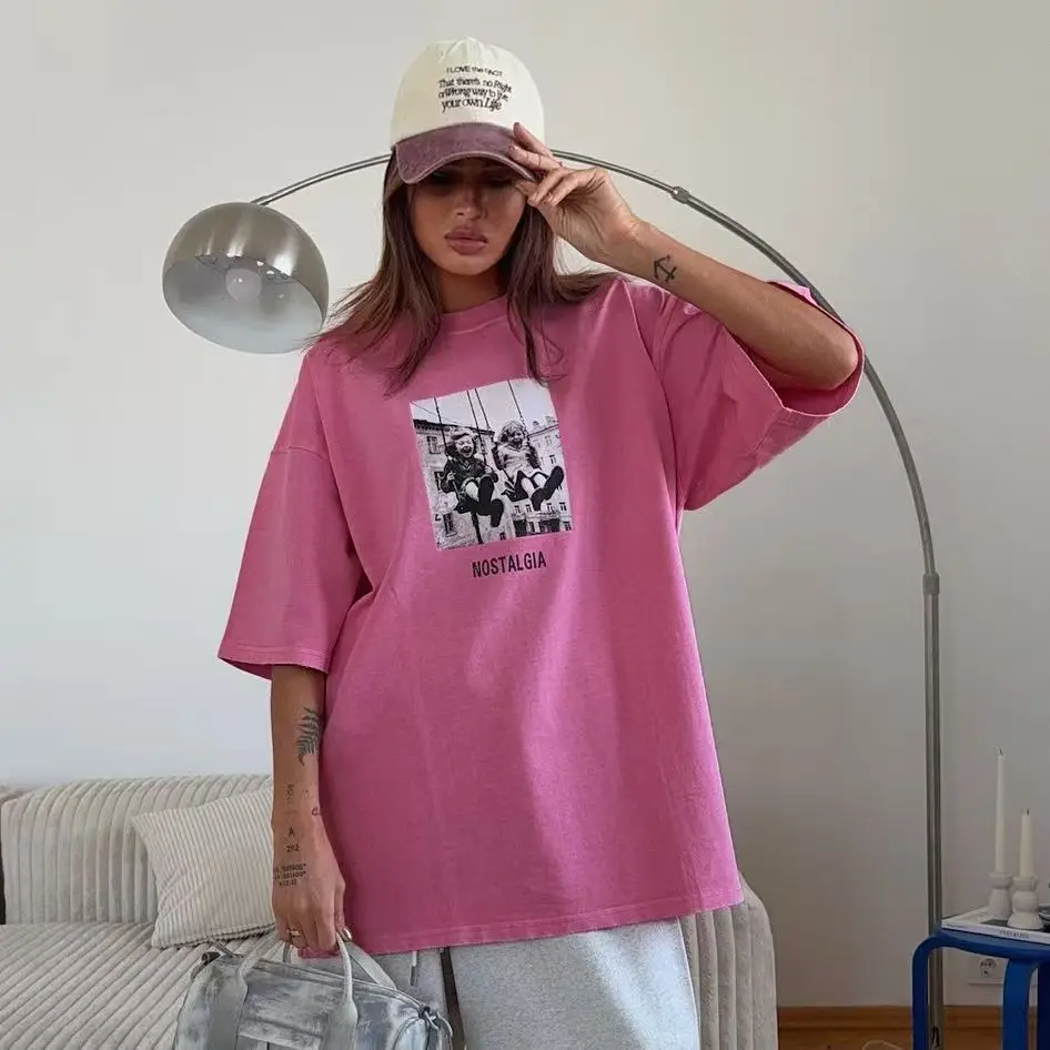 100% Cotton Women's Retro Printed T-shirt Men Vintage Short-sleeve Wax Printing T Shirts Fashion Hip Hop Loose Tees Summer 2025
