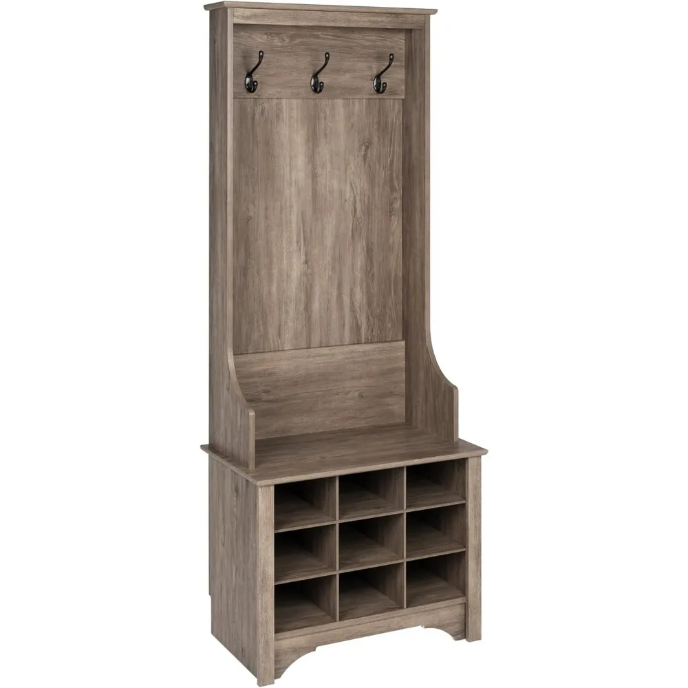 Gray Hall Tree, Shoe Cabinet, Storage Cabinet with 9 Shoe Cubbies and 3 Double Coat Hooks 15.5