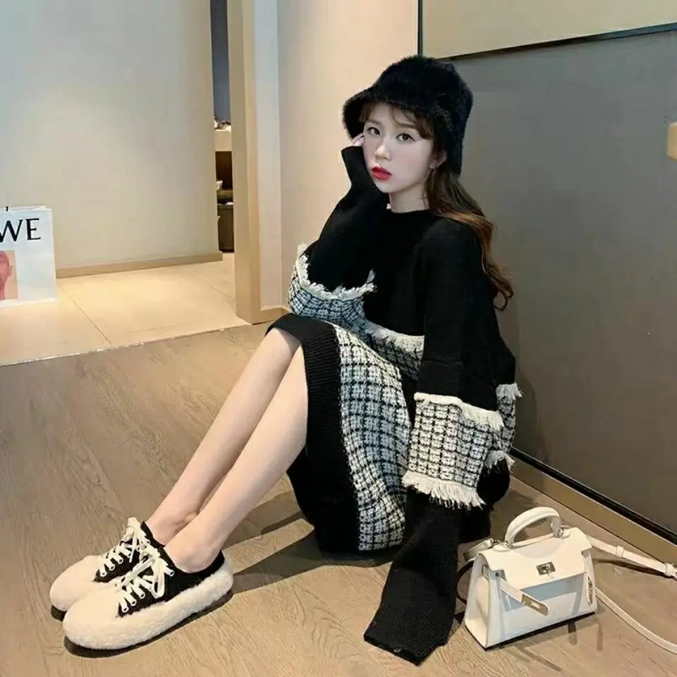 

Small Fragrance Knitted Dress Women New Autumn Korean Style Loose Slimming Niche Design Mid-Length Sweater Skirt