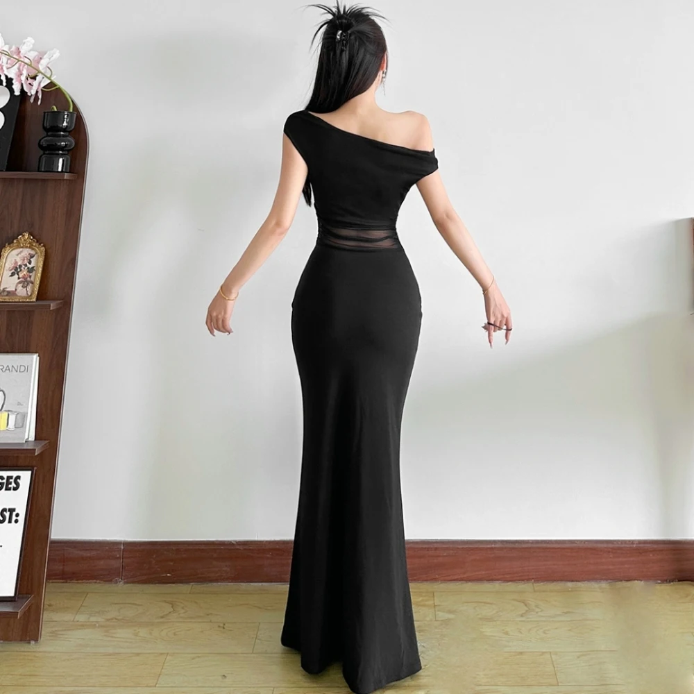 SylCue メッシュパッチワークロングドレス女性の夏のトレンドオフショルダー背中の開いたミッドナイトウエディングパーティーシャーリングエレガントなスキニー Vestidos