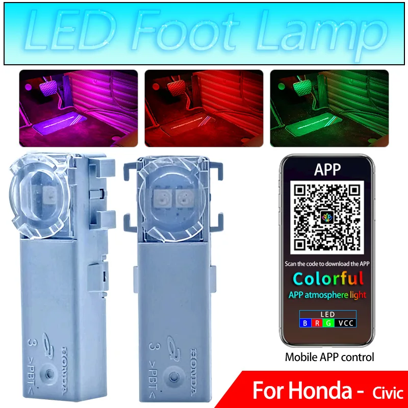 

2Pcs Car Interior colorful LED Foot Ambient Light Indoor Footwell Bulb RGB Foot Nest Lamp For Honda Civic 2022 2023 2024 2025