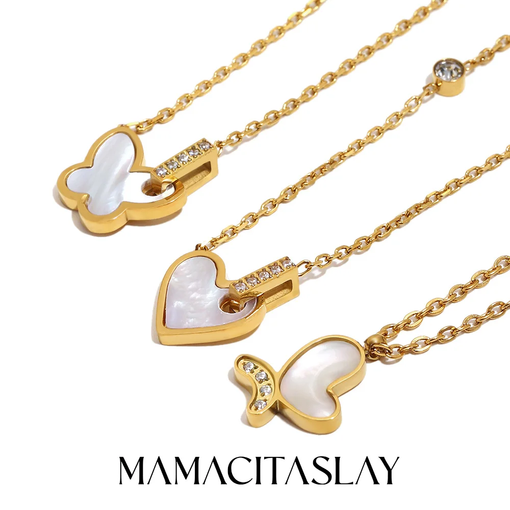 MamacitaSlay 316L Stainless Steel Heart Butterfly Shell Necklace 18K Gold Plated Waterproof Jewelry For Women Everyday Wear