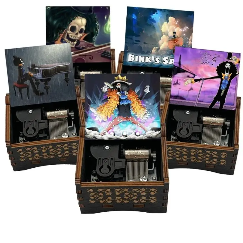 Caja de Música de Madera con Manivela de One Piece Brook, Decoración para el Hogar, Adorno Coleccionable de Anime, Regalo Creativo de Cumpleaños para Niños y Niñas