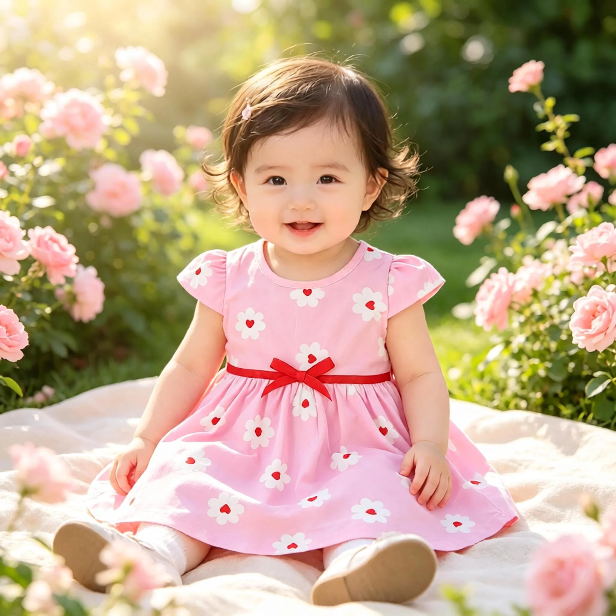 Floral Print Baby Girl's Dress with Ribbon Bow Decoration And Invisible Zipper Back for Summer Fashionable Allover Print Dress