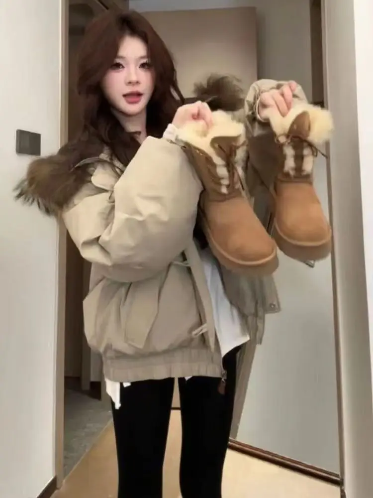 ชุดแฟชั่นผู้หญิง ฤดูใบไม้ร่วง 2025 เสื้อโค้ทผ้าฝ้ายอุ่น คอปกขนสัตว์ กางเกงโยคะ ชุดสองชิ้น สำหรับผู้ใหญ่ เหมาะสำหรับใส่ไปทำงาน