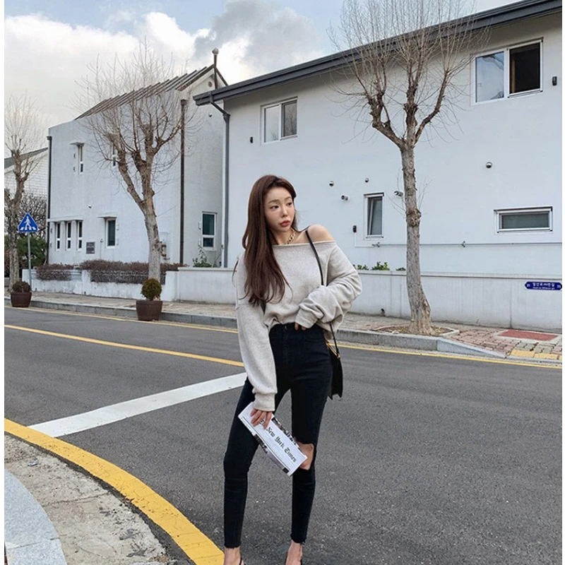 FAVRE Women Off-the-shoulder Solid Sweatshirts Chic Temperament Loose Sexy Pullovers Spring Autumn Ins Casual Fashion Tops