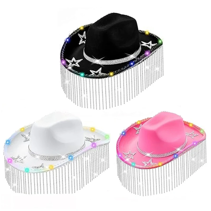 

Cowgirl Hat Panama Light Up Cowboy Hat Glowing Panama Hat for Music Festivals Crystal Tassels Cowboy Hat Versati