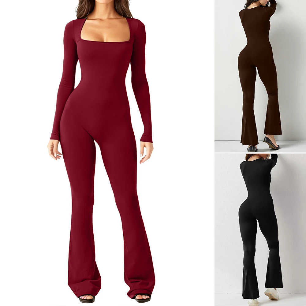 

Women's Jumpsuits Autumn 2025 K-Fashion Sporty Solid Long Sleeve Square Neck Full Length Flared Leg Wide Casual Jumpsuits