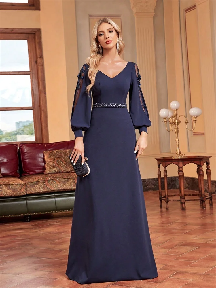 

Luxury Blue Empty Long Sleeves Applique Floor Length Evening Dresses Women Elegant Weedding Party V-neck Cocktail Gowns
