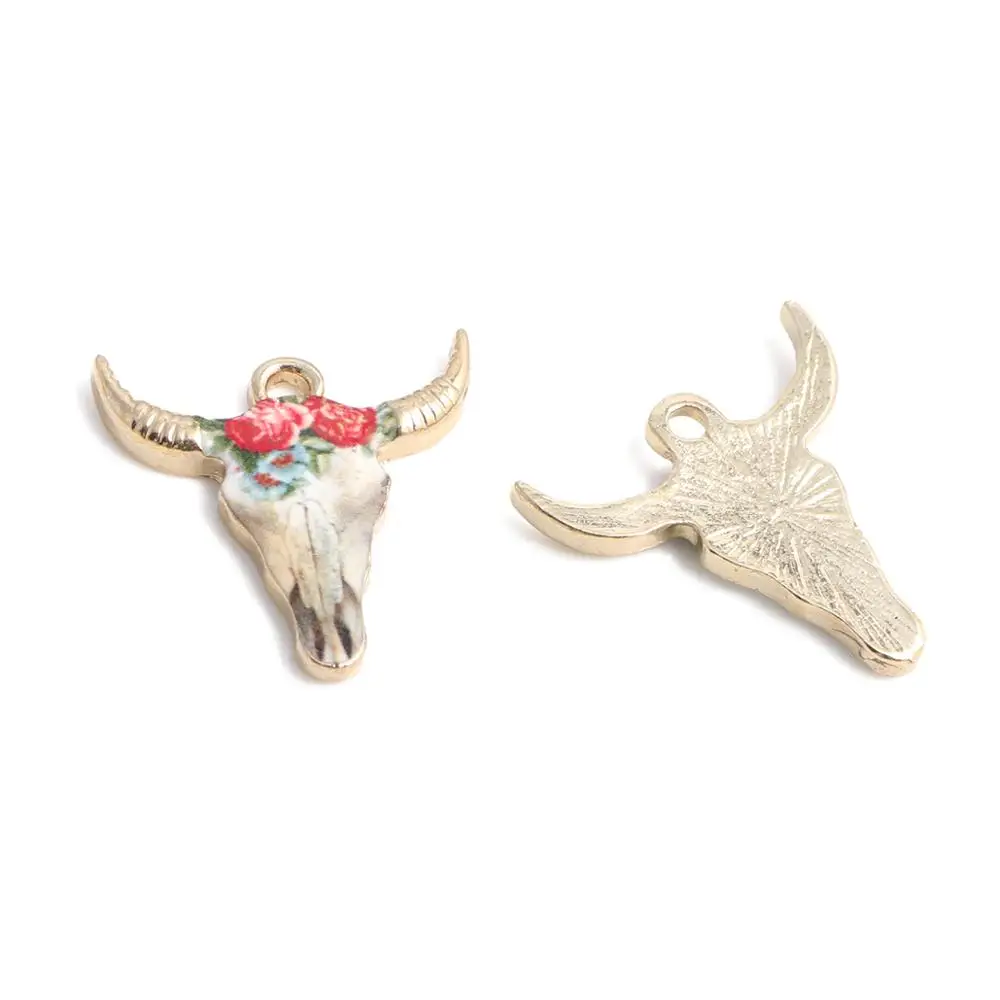 8Seasons Zinc Alloy Charms Cow Animal Charms Gold Color Multicolor Enamel Pendants Bohemian DIY Necklace Jewelry 22mmx21mm,10PCs