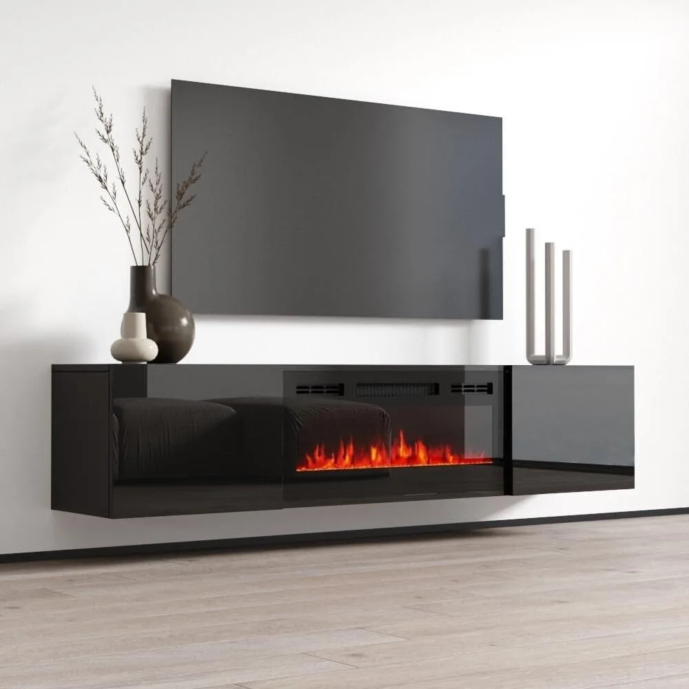 

BL-EF TV Stand with Floating Fireplace - Modern High Gloss with Storage Cabinets Stand for TVs Up to 80" - Black TVs Mount