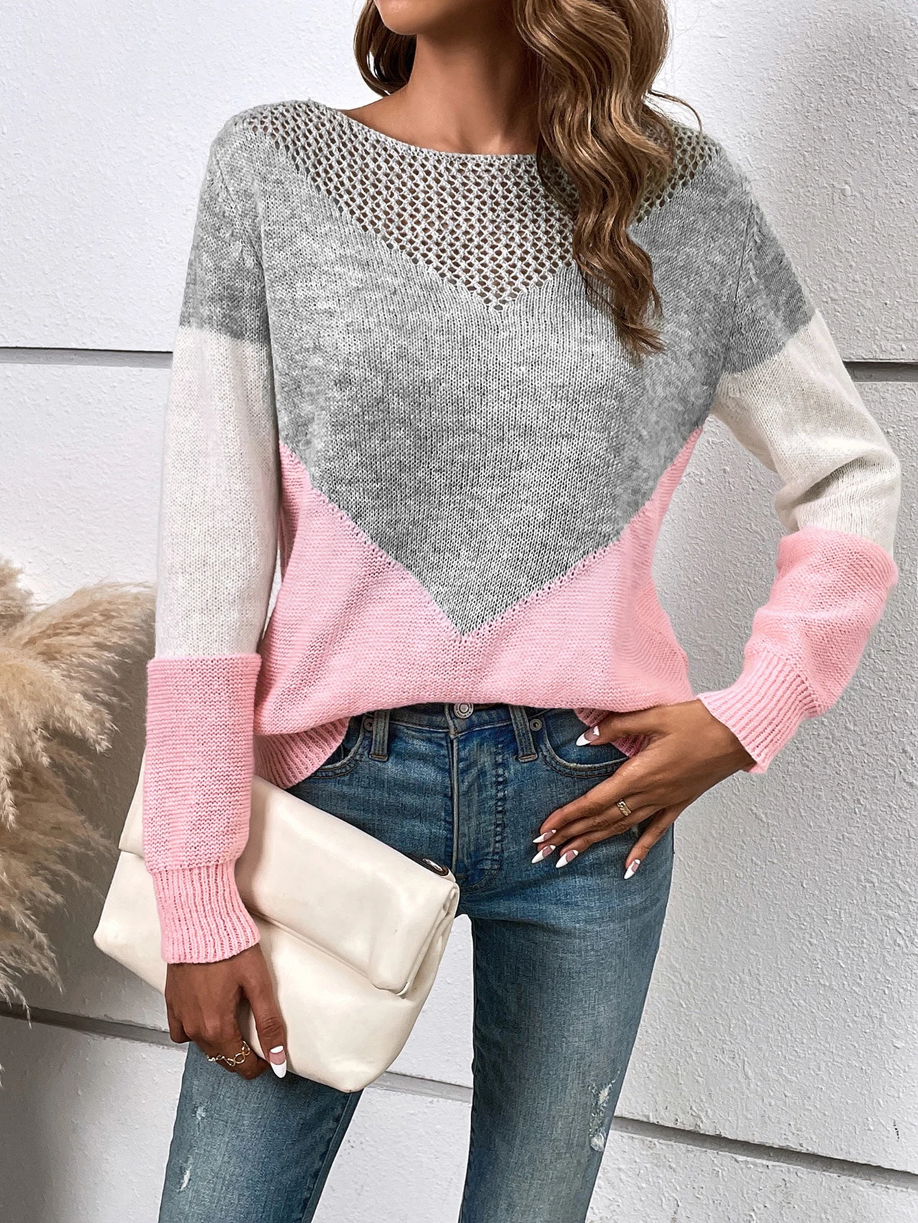 

2024 Casual Women Knit Sweater Oversize Autumn Winter Hollow Out Knitwear Feather Long Sleeve V Neck Pullover Sweater Jumper Top