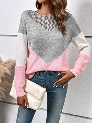 2024 Casual Women Knit Sweater Oversize Autumn Winter Hollow Out Knitwear Feather Long Sleeve V Neck Pullover Sweater Jumper Top