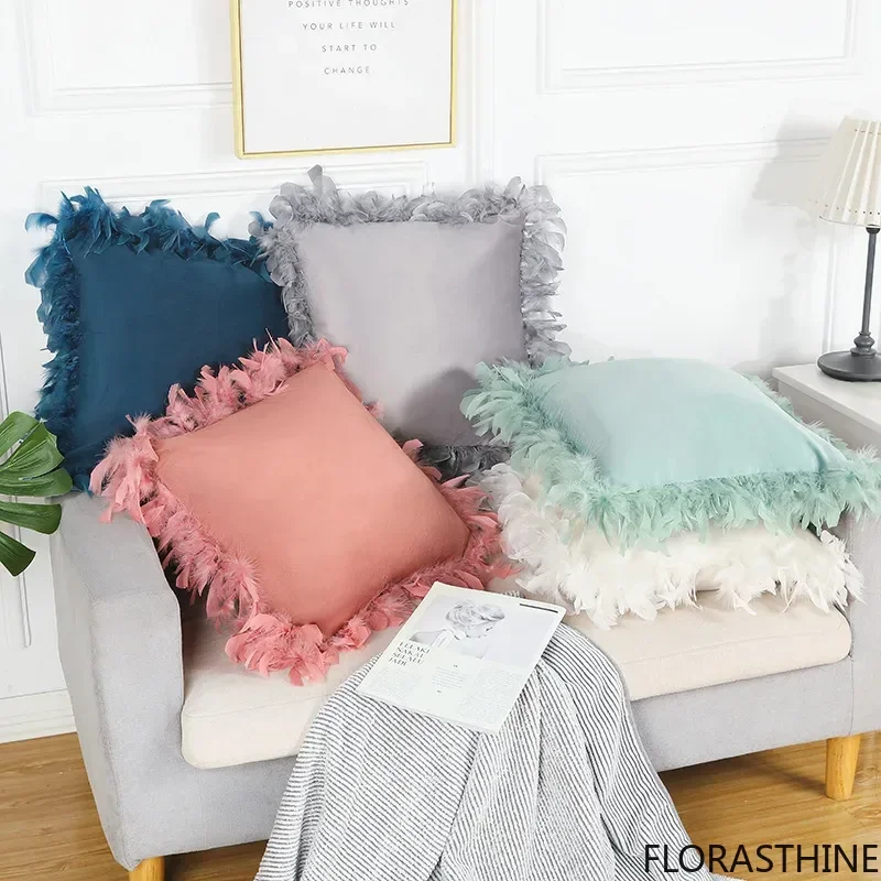 Beige Gray Pink Pillow Cover with Feather Home Decor Cushion Velvet Cover Decoration Pompom Throw Pillowcase Pillowsham 45x45CM
