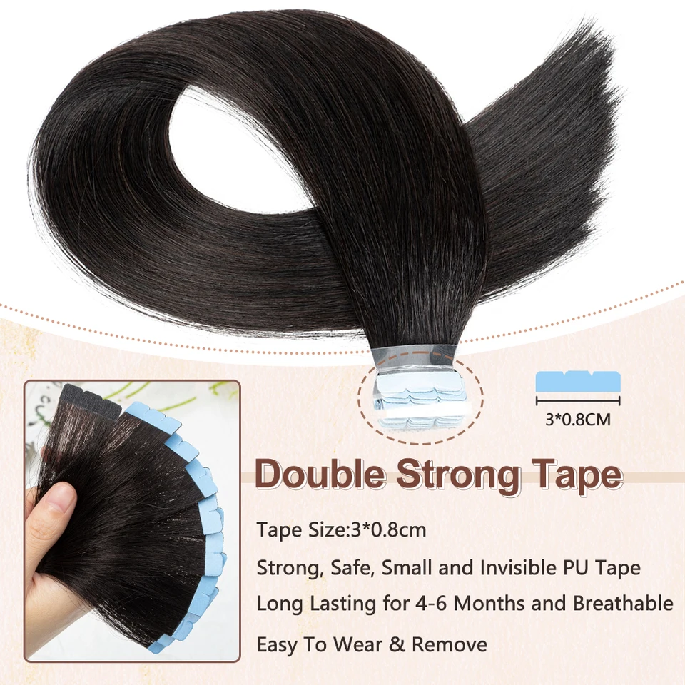 Mini Extensiones de Cabello Humano con Cinta Adhesiva, Doble Cara, Invisibles y Sin Costuras, 10 Piezas por Set, Negro, Castaño, Rubio Natural 3
