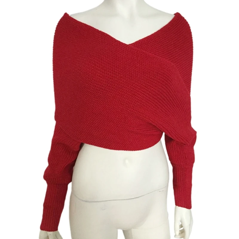 Stylish Women Knitted Pullover V-Neck Long Sleeve Knit Top Short Sweater Drop shipping