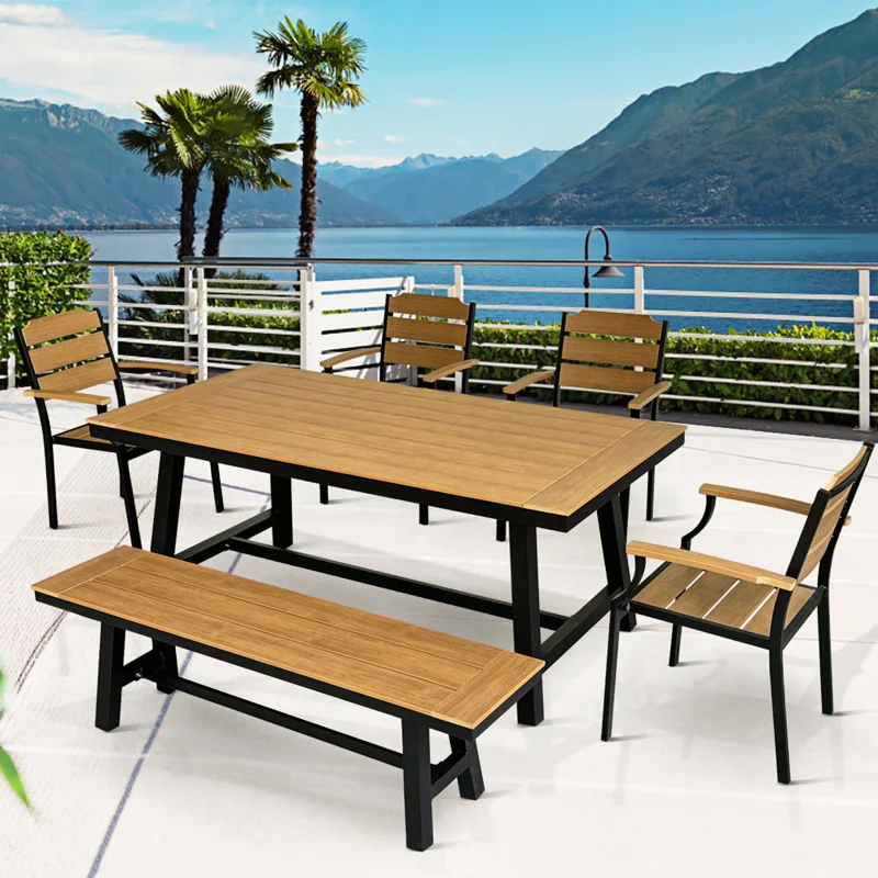 Luxury Best 6 Piece Garden Table 5 Seater Chairs Furniture Outdoor Patio Plastic Wood Aluminum Dining Set with Bench