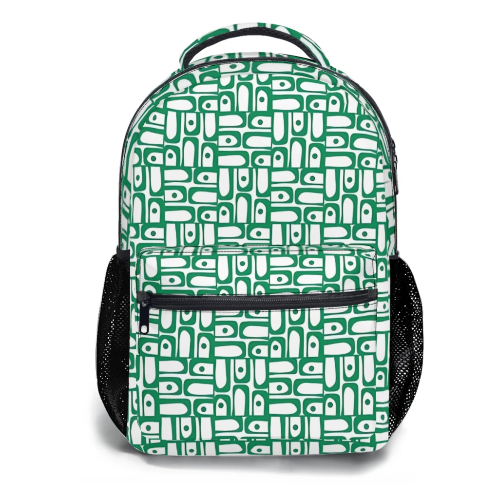 Meados do século mochila para a escola, Mochila impressão elegante, Piquet moderno, Multi Pattern abstrato, verde Kelly e WhitePattern, Novo