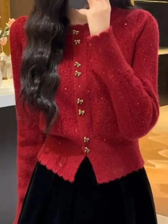 

Red Lazy Knitted Open Cardigan Sweater Women's New 2026 Winter Faionable Top New Year's Cross-Dr Korean Sle Long Sve