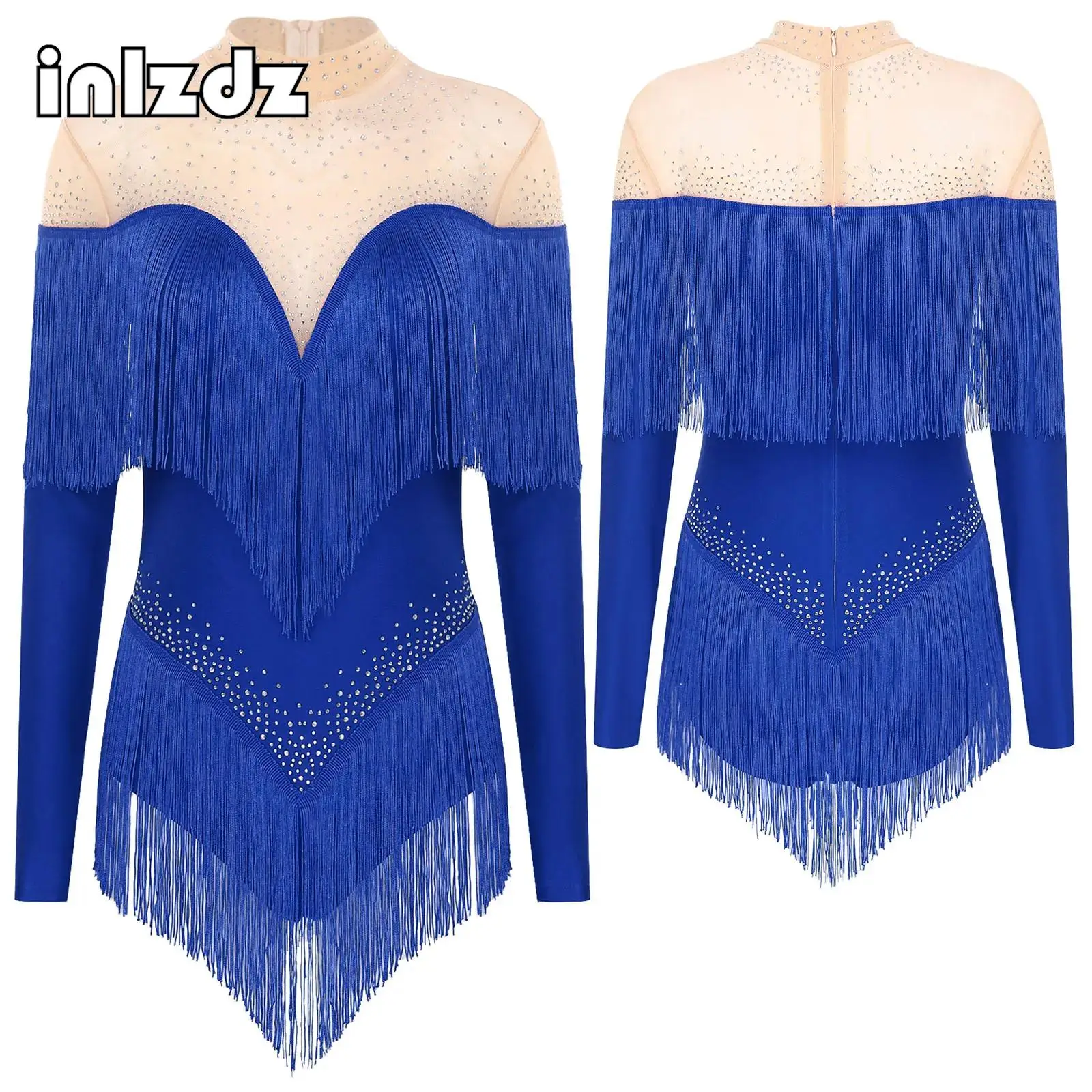 

Womens Tassel Latin Cha-Cha Dance Leotard Stage Performance Costume Sheer Mesh Patchwork Shiny Rhinestones Bodysuit Dancewear