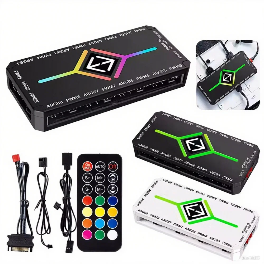 

Адаптер вентилятора ARGB PWM с контроллером ARGB 1To9 Порт 5 В 3-контактный охлаждающий вентилятор для ПК Разветвитель SATA Источник питания ШИМ Магнитный концентратор