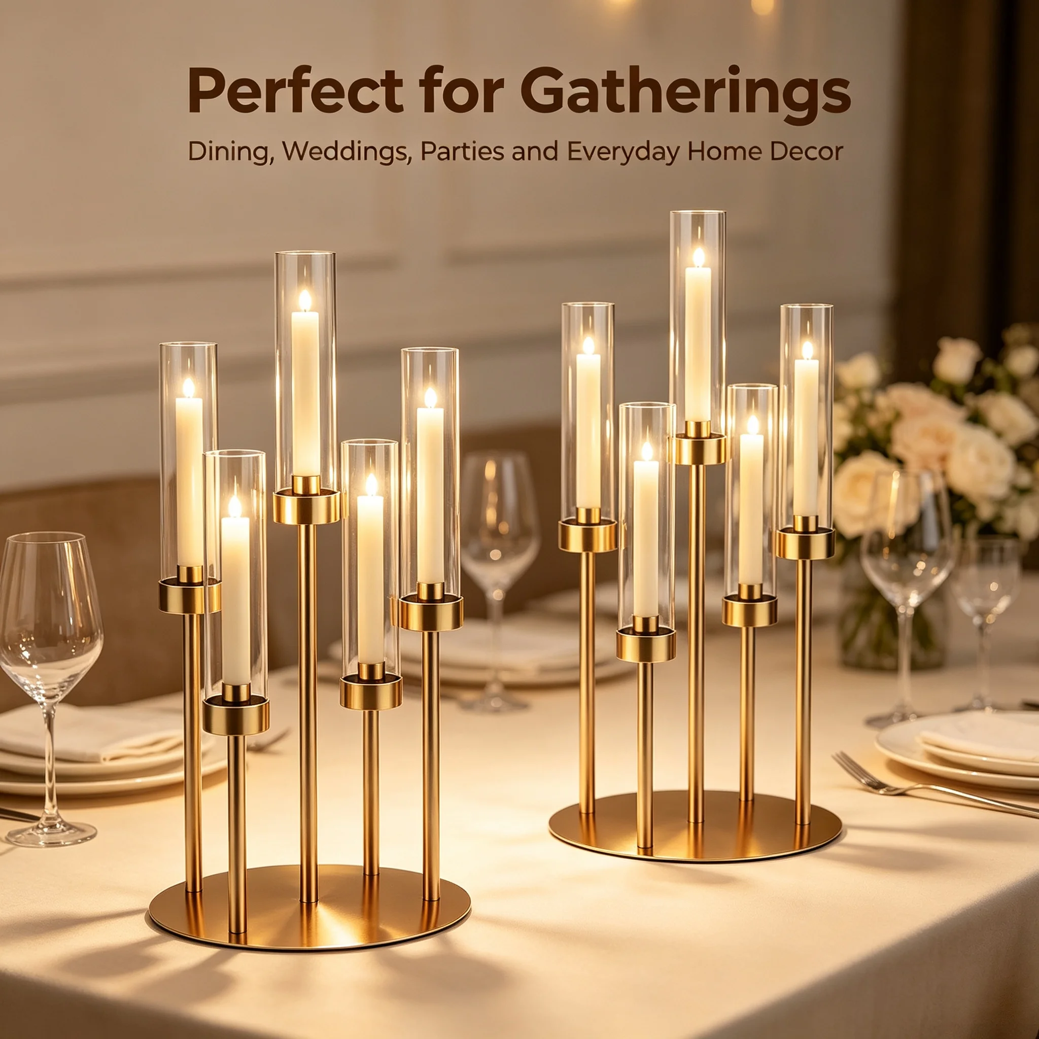 Flameless 5-Tier Gold Candelabra with Clear Glass Shades Stable Base Table Centerpiece for Wedding Reception Home Decor