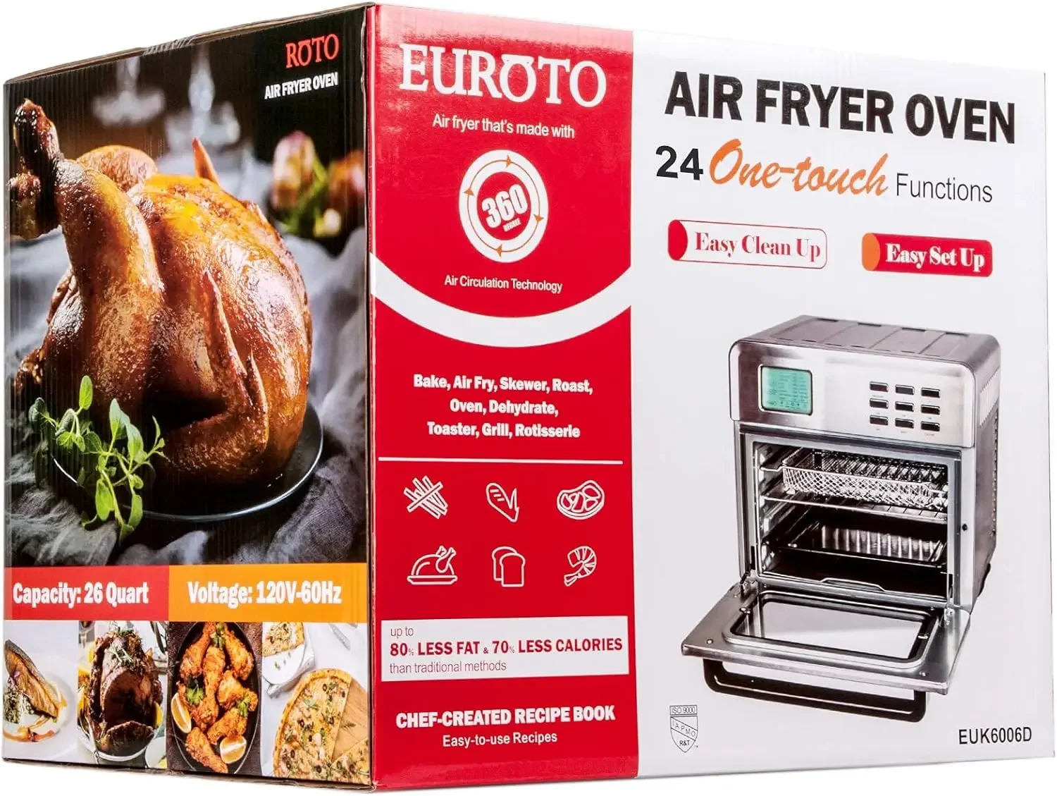 Horno freidora de aire de acero inoxidable de gran capacidad de 26,8 QT, multifunción 24 en 1, horno tostador de circulación de aire 360, digi LCD