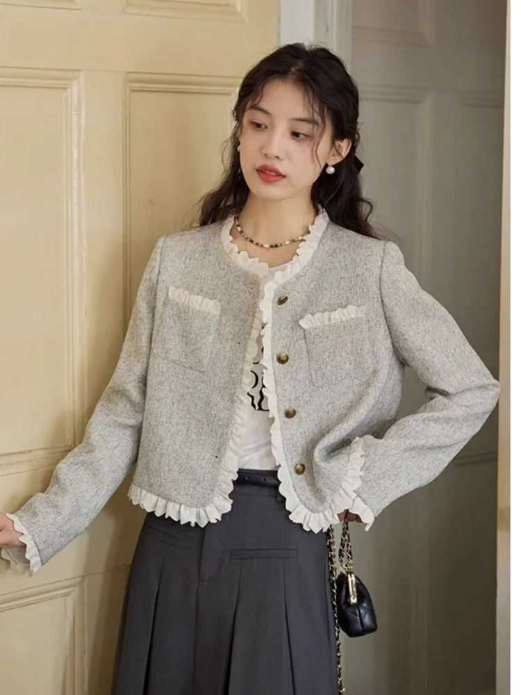 

Vintage French Sweet Tweed Short Coat Top Women Autumn Ruffles O Neck Long Sleeve Jacket Korean Fashion Chic Office Lady Outwear