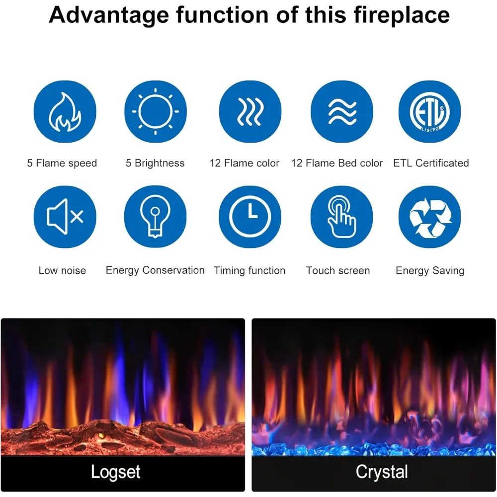 36인치 벽걸이형 및 매립형 전기 벽난로 히터, 750/1500W, 조절 가능한 불꽃, 독립형 옵션