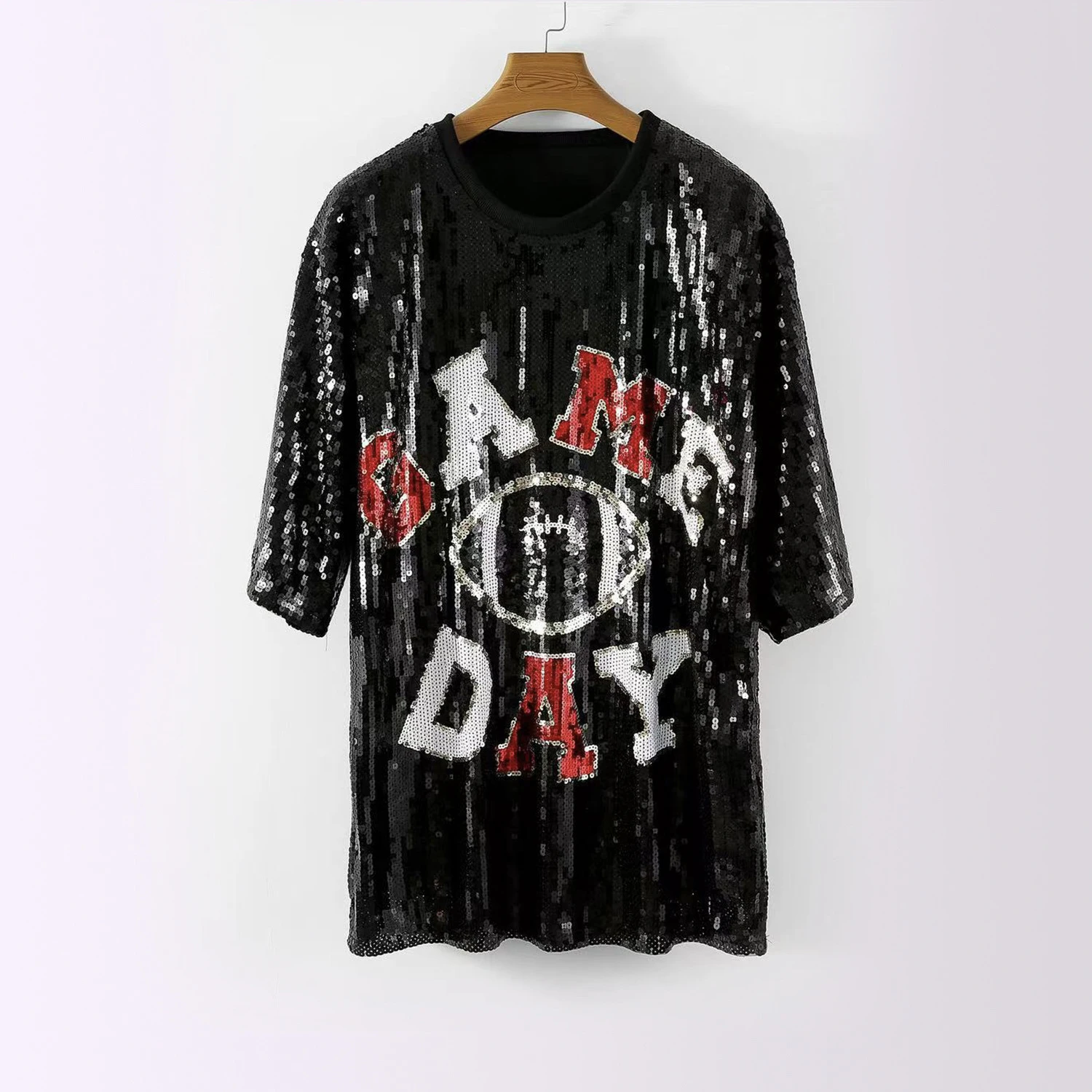 Abito da ballo di strada cool flash top di media lunghezza con perline a maniche corte per donna, vestibilità ampia, stile maglietta da festa per la notte