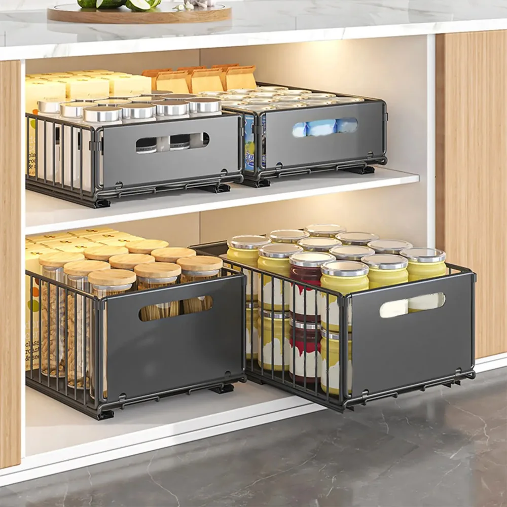 Estante de Almacenamiento para Cocina con Rieles Deslizantes, Tipo Cajón Extraíble, Bandeja de Almacenamiento, Organizador de Especias para Gabinetes