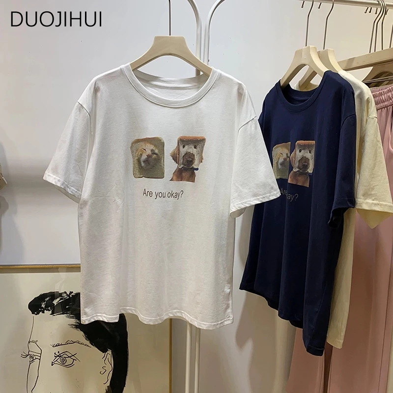 DUOJIHUI Navy Blue Summer Chicly Printing Casual Women T-shirts New Contrast Color Fashion Simple Office Ladies Female T-shirts