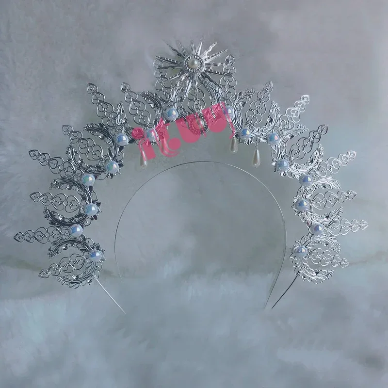 Tocado de corona de Halo de plata KC hecho a mano, tocado de corona con apertura de Madonna de Lolita, cadena de cuentas, Aro para el pelo, Tiara, accesorios para el cabello