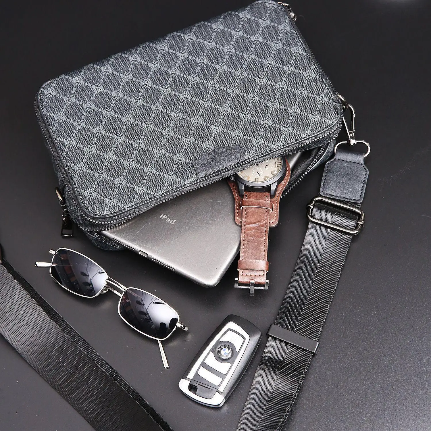 2024 New Men\'s Fashion Small Square Bag Crossbody Bag Plaid Shoulder Bag Street Trend Small Body Bag