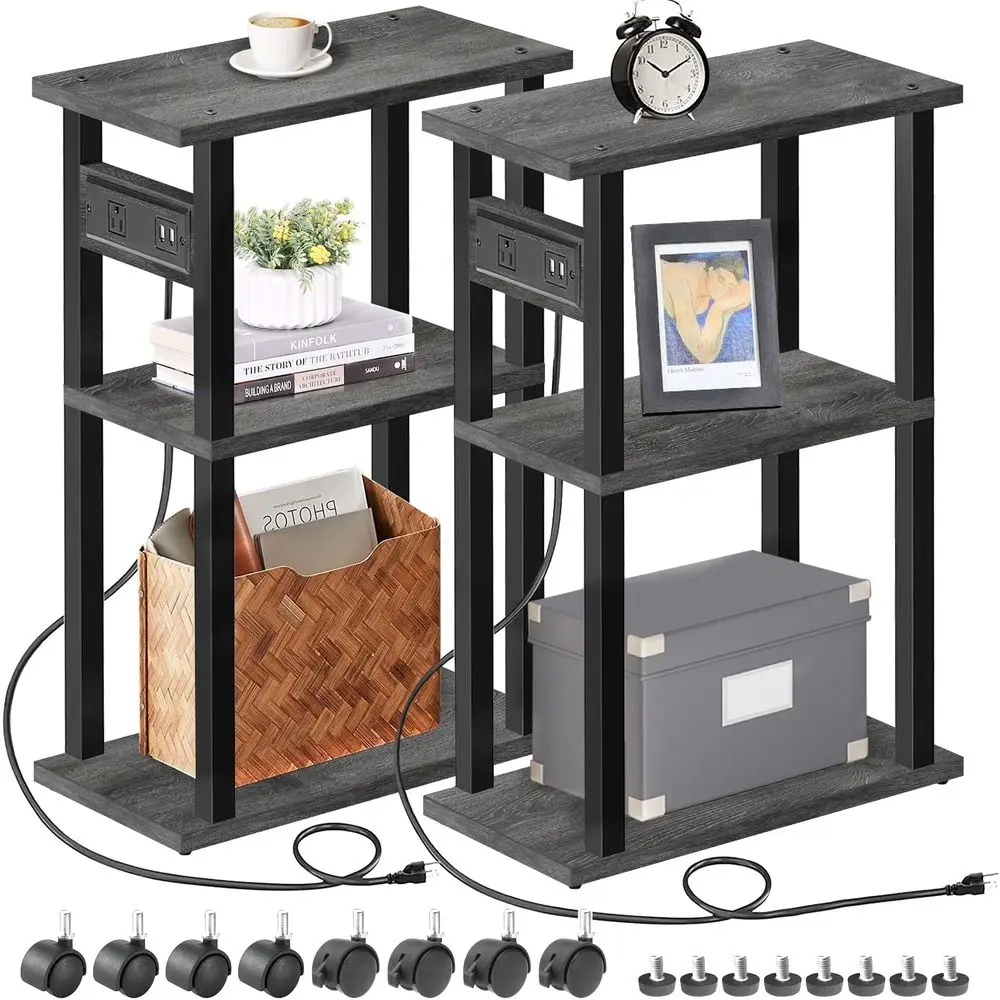 

Small Narrow Side Table with Charging Station, Set of 2, Skinny End Table for Small Spaces, Slim Nightstand with USB Ports and