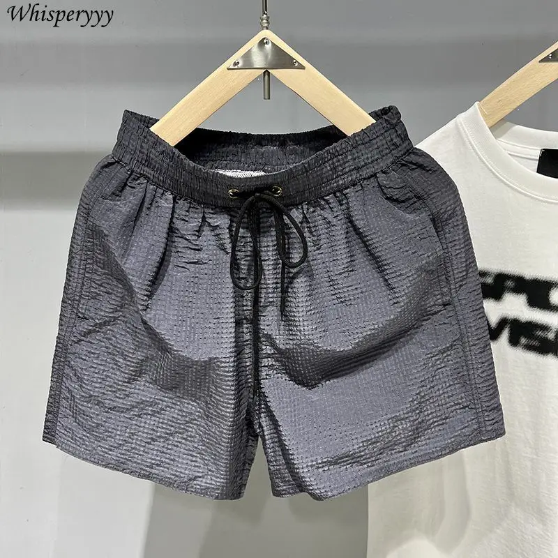 

Сплошные пляжные брюки, мужская одежда, новые летние свободные повседневные спортивные шорты с тремя точками, мужские спортивные штаны с эластичной резинкой на талии и шнурком