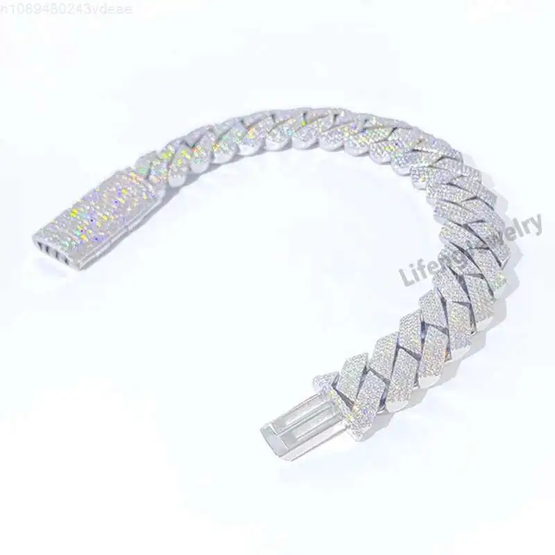 

New Design White Solid Silver 925 Hip Hop Iced Out Cuban link Bracelet 15MM With Moissanite Diamond Pass Diamond Teste