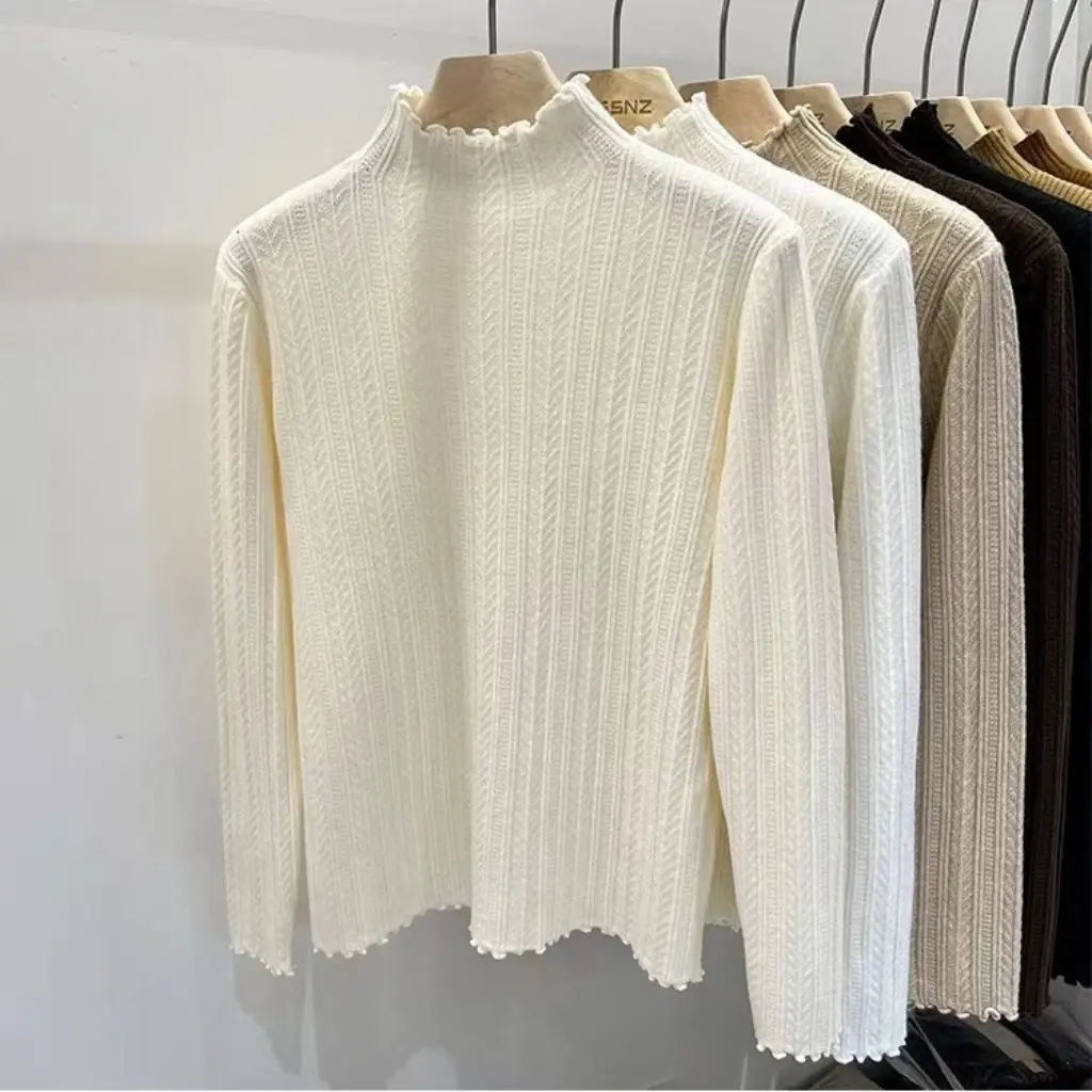 

Women's Long Sleeve Knitted Base Shirt Simple All-Match Solid Color Lace Sense Fungus Design Autumn Winter Pullover