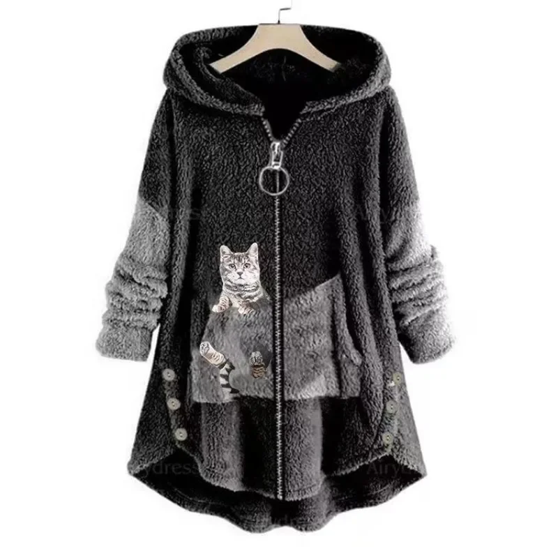 Autumn Winter Zipper Sweatshirt Fleece Jacket Warm Long Sleeve Cat Streetwear Coat Loose Casual Mid-length Outerwear Clothing