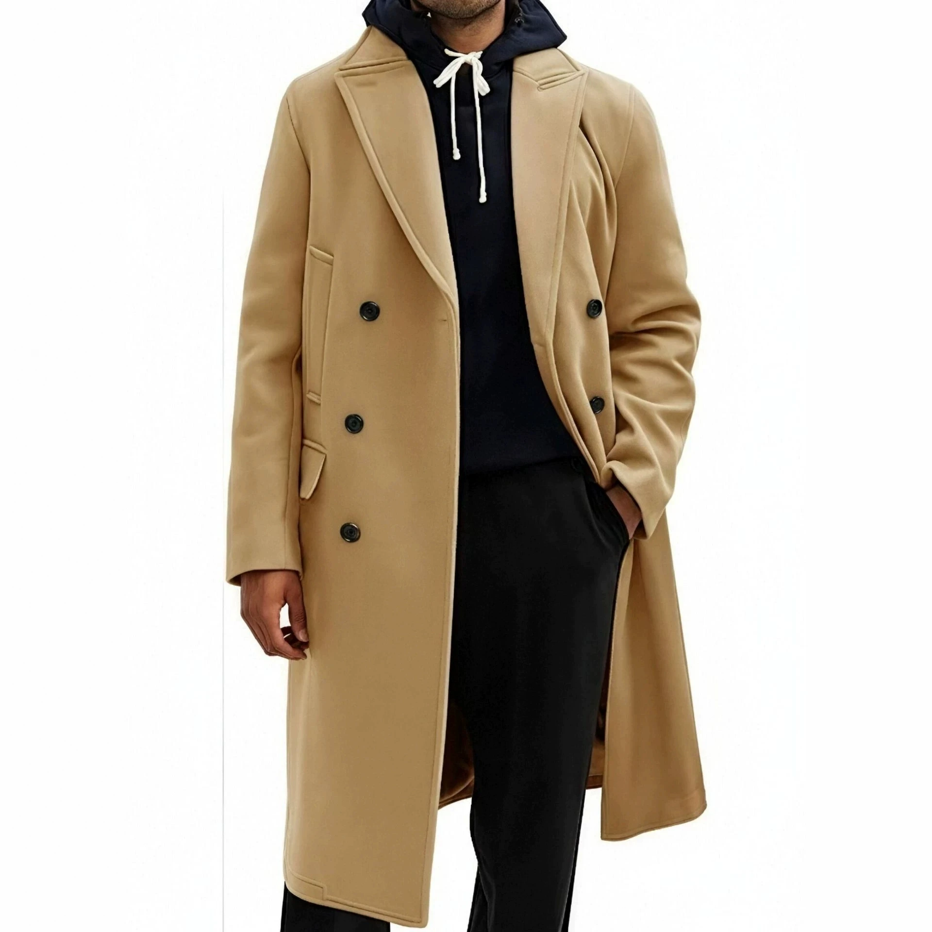 British Style Men Double Breasted Long Wool Blend Overcoat Notched Lapel Slim Fit Warm Solid Male Autumn Winter Business Wool Co