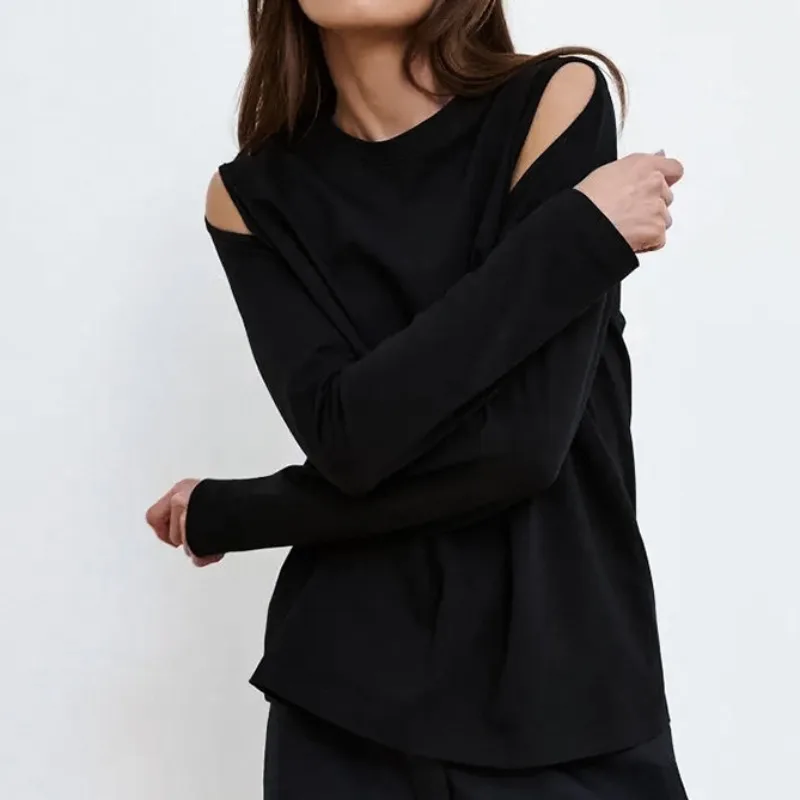 Pure Cotton Black Simple Long-sleeved T-shirt with Bare Shoulder Hollow-out Design Tees for Women