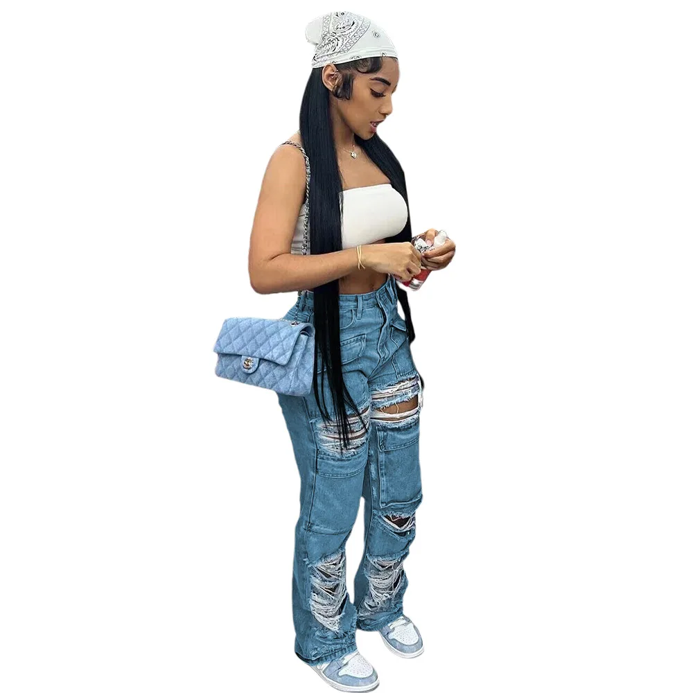 Ripped Jeans for Women, Casual Denim Trousers, Overalls, Slouchy Blue Jeans, Print Ripped Jeans