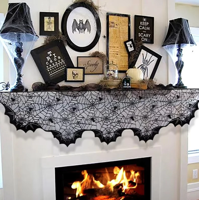 1PC Black Spider Web & Bat Halloween Horror Vibe Warp Knitted Lace Fireplace Cloth Stove Towel for Festive Decor