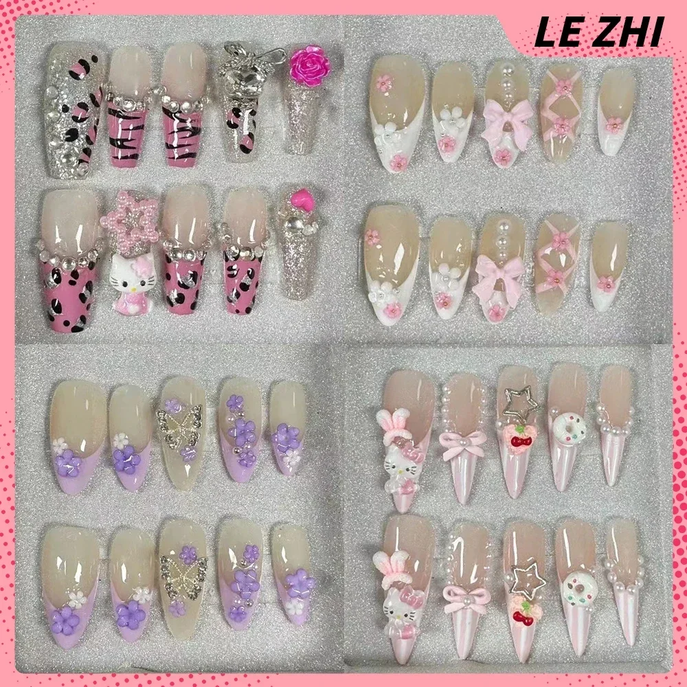 

Butterfly Flowers Press on Nail Blue Ocean Beach HelloKitty Handmade Pink French Almond Square Coffin Fake Nails party stickers