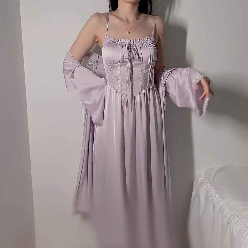 Simple Sexy V-neck Lace-up Satin Nightdress With Chest Pads Ladies Long Robe Sleepwear Homewear Elegant Long-sleeved Nightgown