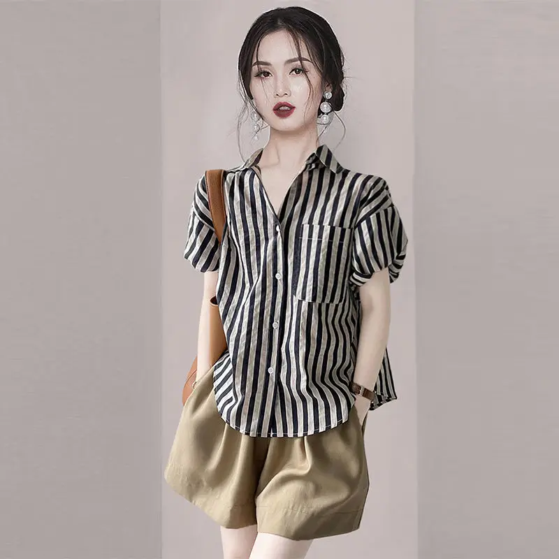 Fashion Lapel Button Printed Striped Lantern Sleeve Shirts Women\'s Clothing 2024 Summer New Loose All-match Tops Casual Shirts