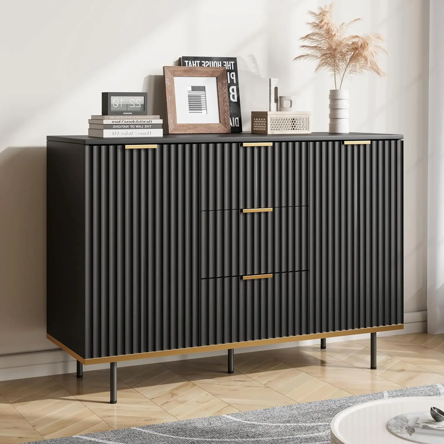 Fluted Sideboard Cabinet, 2 Door 3 Drawer Design, Acceent Black Sideboard - Elegant Cabinet Ideal for Dining Room and Kitchen St