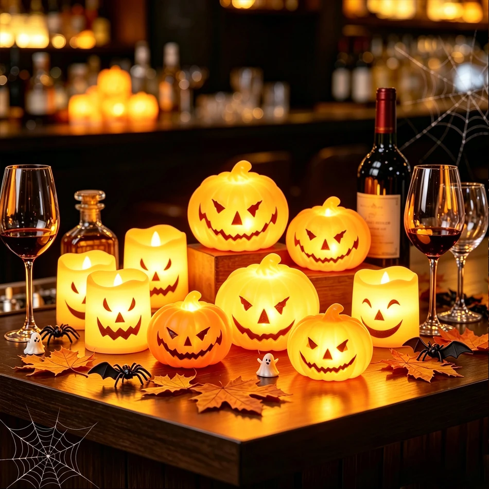 24pcs LED Candle Light Battery Powered Pumpkin Skull Ghost Spooky Light Halloween Party Decora Ambiance Electronic Candle Lights